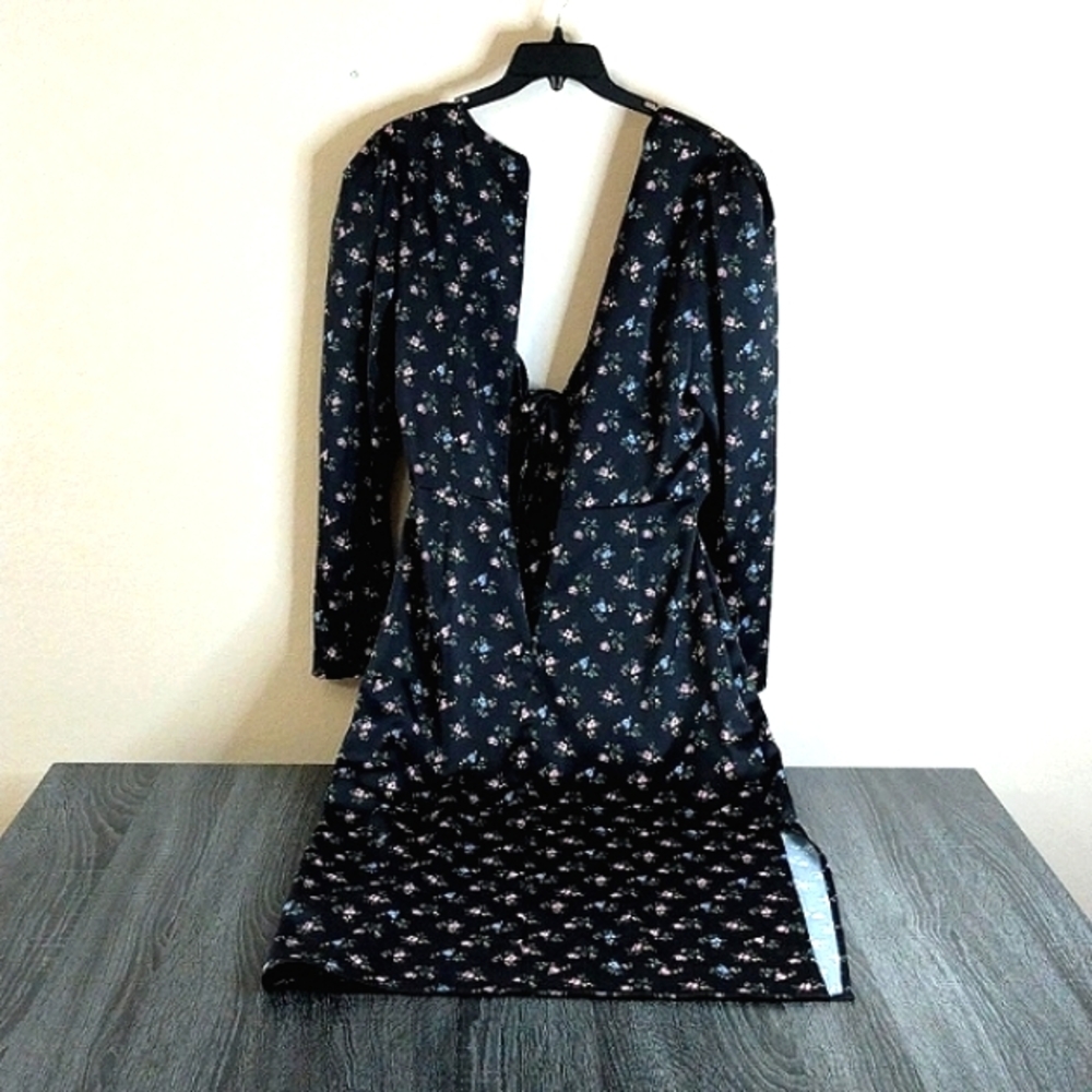 Wayf Tie Front Cutout Dress Black Blue Rose Small Print Floral. Large. Satiny - Picture 6 of 16